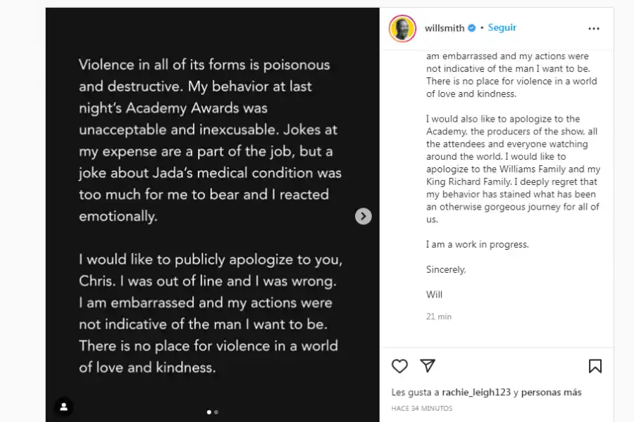 PUBLICACIÓN EN INSTAGRAM DE WILL SMITH