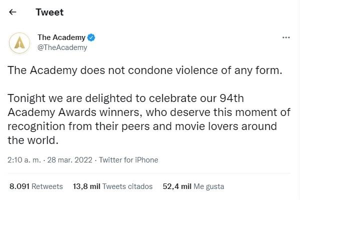 Qué dijo la Academia de Hollywood tras el golpe de Will Smith a Chris Rock en los Oscar