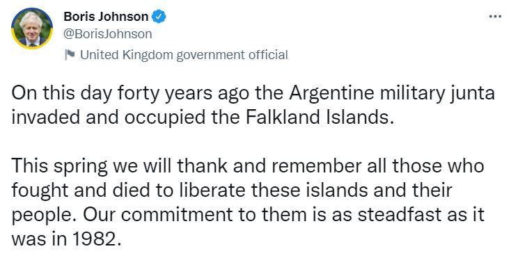 Boris Johnson sobre Malvinas: nuestro compromiso con los isleños sigue firme como en 1982