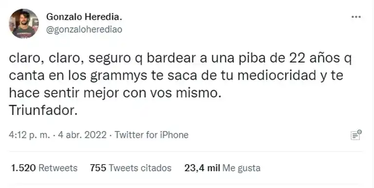 Gonzalo Heredia fue punzante contra los críticos de María Becerra