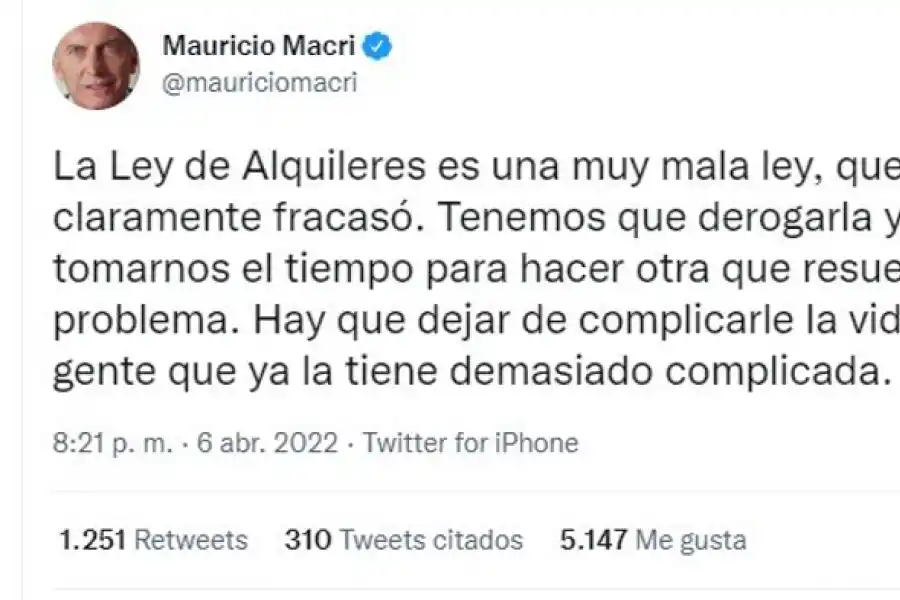 Mauricio Macri pidió derogar la Ley de Alquileres