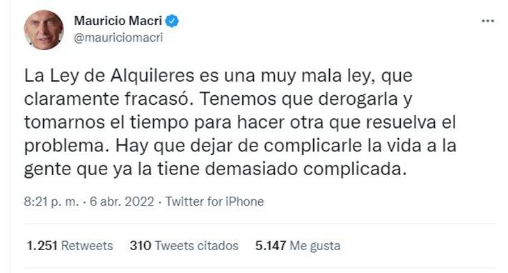 Mauricio Macri pidió derogar la Ley de Alquileres