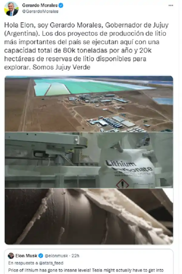 Elon Musk se quejó por el precio del litio y recibió una curiosa respuesta de Gerardo Morales  