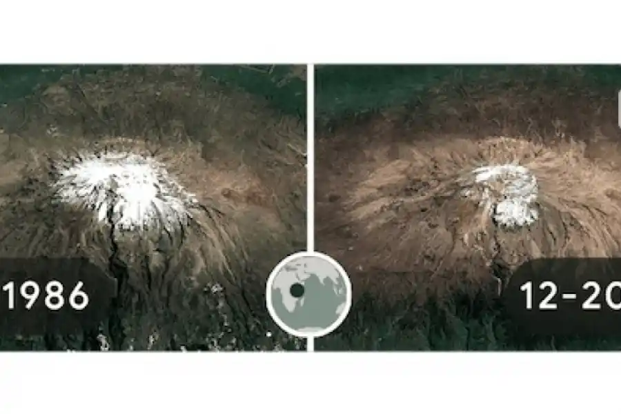 Retiro de glaciares en la cima del monte Kilimanjaro en Tanzania desde diciembre de 1986 hasta 2020. 
