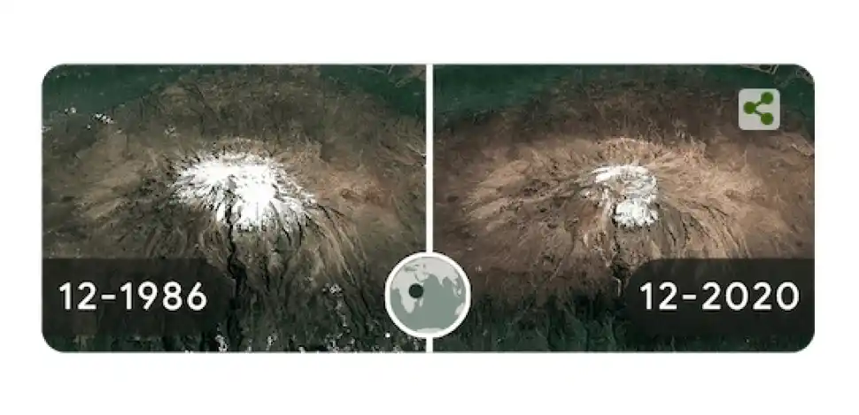 Retiro de glaciares en la cima del monte Kilimanjaro en Tanzania desde diciembre de 1986 hasta 2020. 