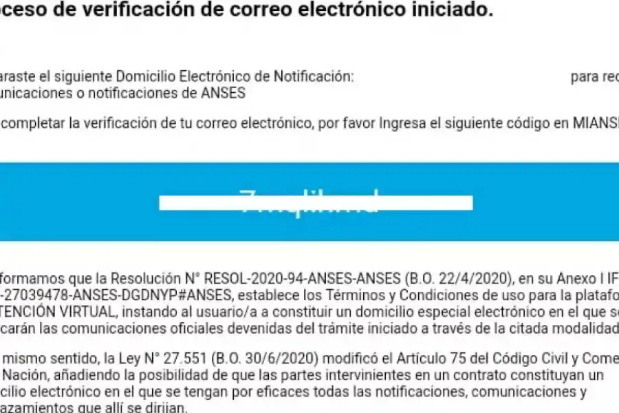 Anses envía un código vía mail.