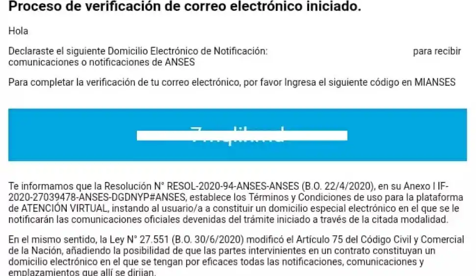 Anses envía un código vía mail.