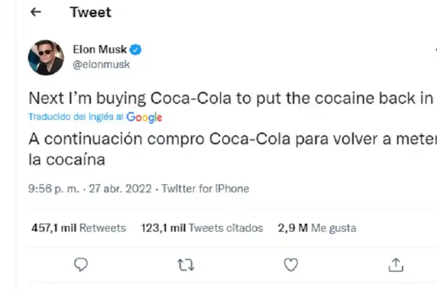En Twitter, Elon Musk dijo que comprará Coca-Cola para volver a ponerle cocaína
