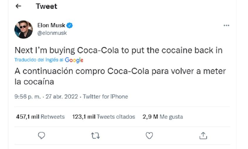 En Twitter, Elon Musk dijo que comprará Coca-Cola para volver a ponerle cocaína