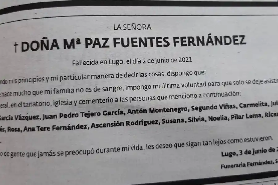 El polémico obituario de María Paz sobre los invitados a su funeral