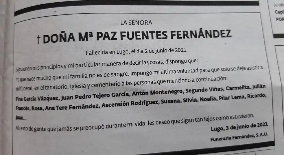 El polémico obituario de María Paz sobre los invitados a su funeral
