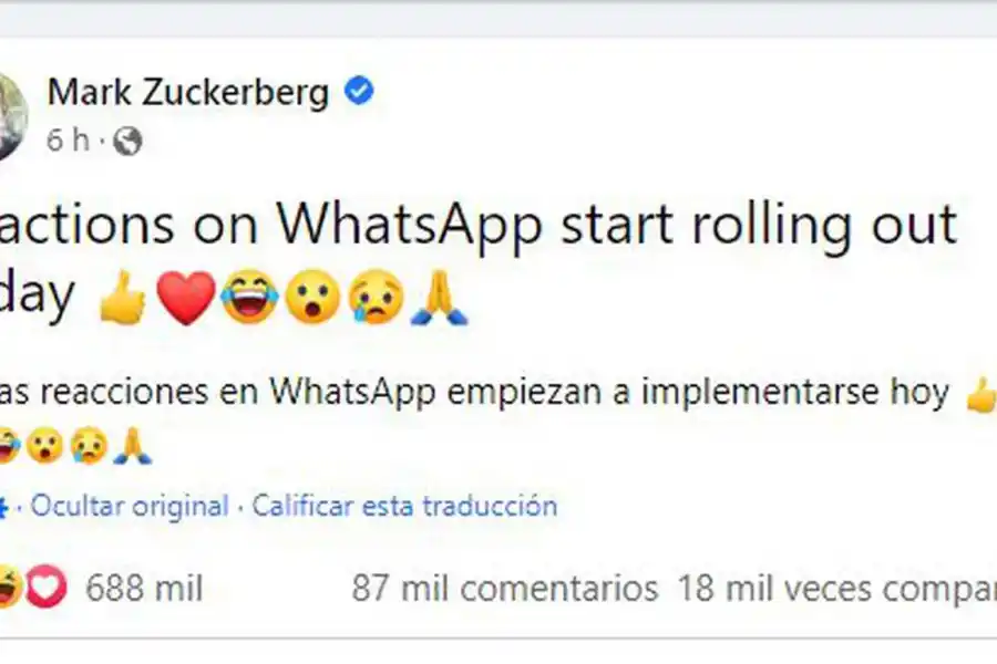 Desde hoy están disponibles las reacciones de WhatsApp anunciadas por Mark Zuckerberg: ¿cuáles son?