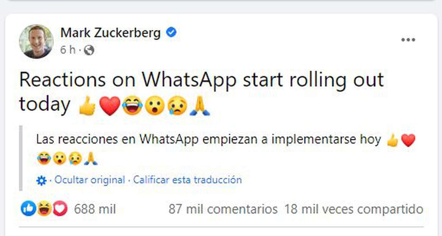 Desde hoy están disponibles las reacciones de WhatsApp anunciadas por Mark Zuckerberg: ¿cuáles son?