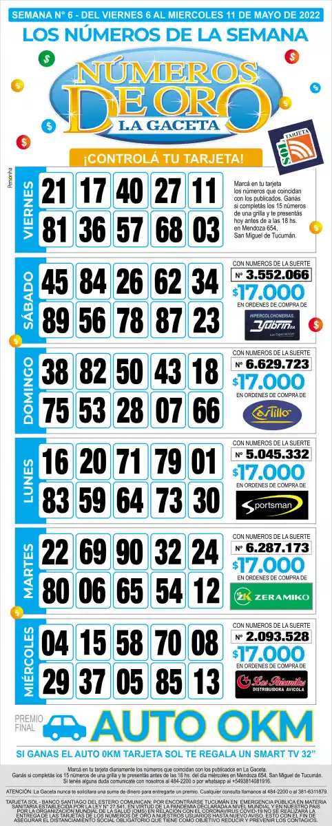 ¡Mucha suerte! Esta es la grilla completa de los Números de Oro