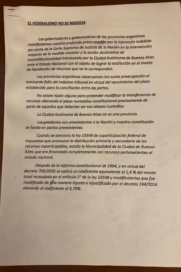 La carta de Jaldo y gobernadores peronistas en medio de la disputa con CABA: el Federalismo no se negocia
