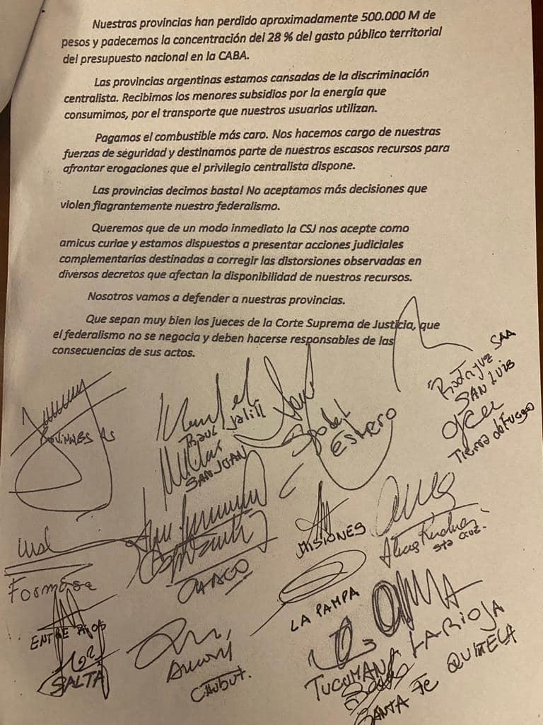 La carta de Jaldo y gobernadores peronistas en medio de la disputa con CABA: el Federalismo no se negocia