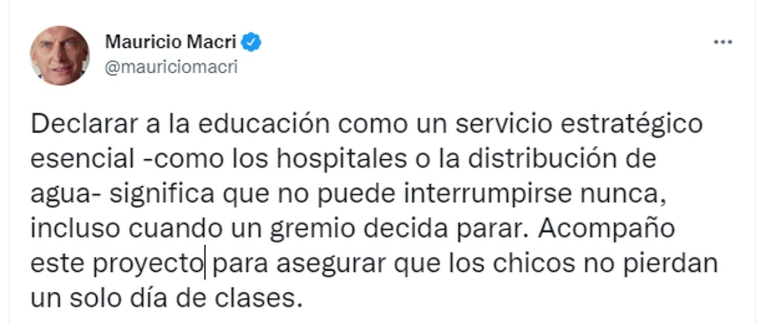 Macri respaldó un proyecto para declarar a la educación como servicio estratégico esencial