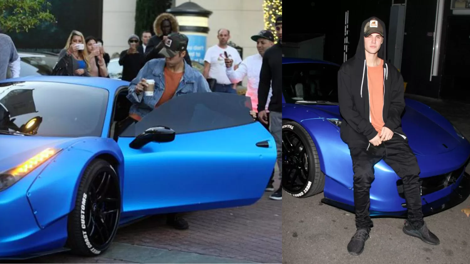 Justin Bieber con su Ferrari azul.