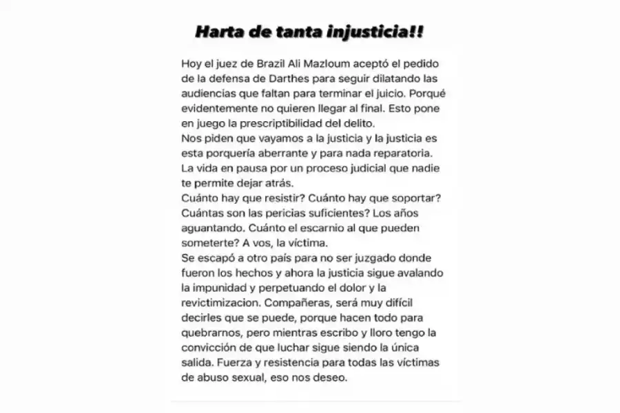 Thelma Fardin realizó un contundente descargo tras recibir un nuevo revés legal en Brasil