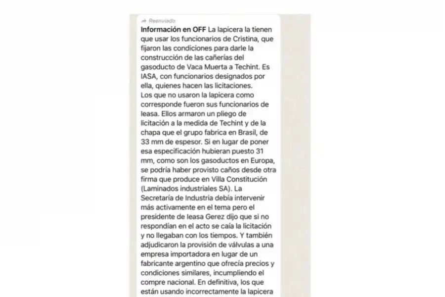 EL TEXTO DE WHATSAPP DE LA POLÉMICA. Fuente: Comunicado de Enarsa