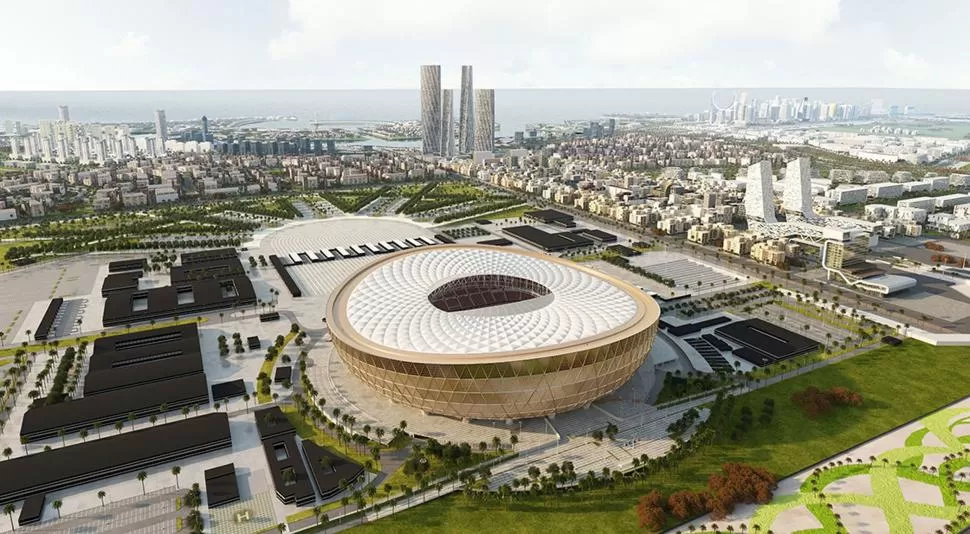 LUSAIL. Tiene capacidad para 80.000 espectadores y será sede de la final. Una vez que concluya la Copa toda la zona se destinará a un emprendimiento inmobiliario. Del estadio sólo quedará la imponente cubierta.  
