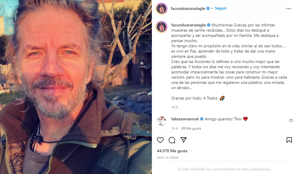 Reflexión de Facundo Arana en Instagram