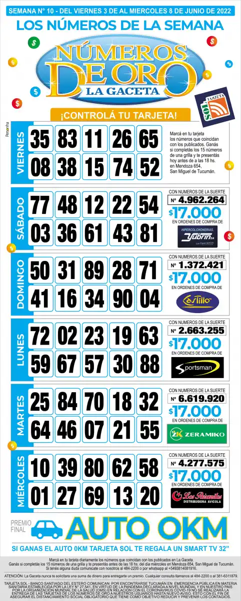 ¡Mucha suerte! Esta es la grilla completa de los Números de Oro