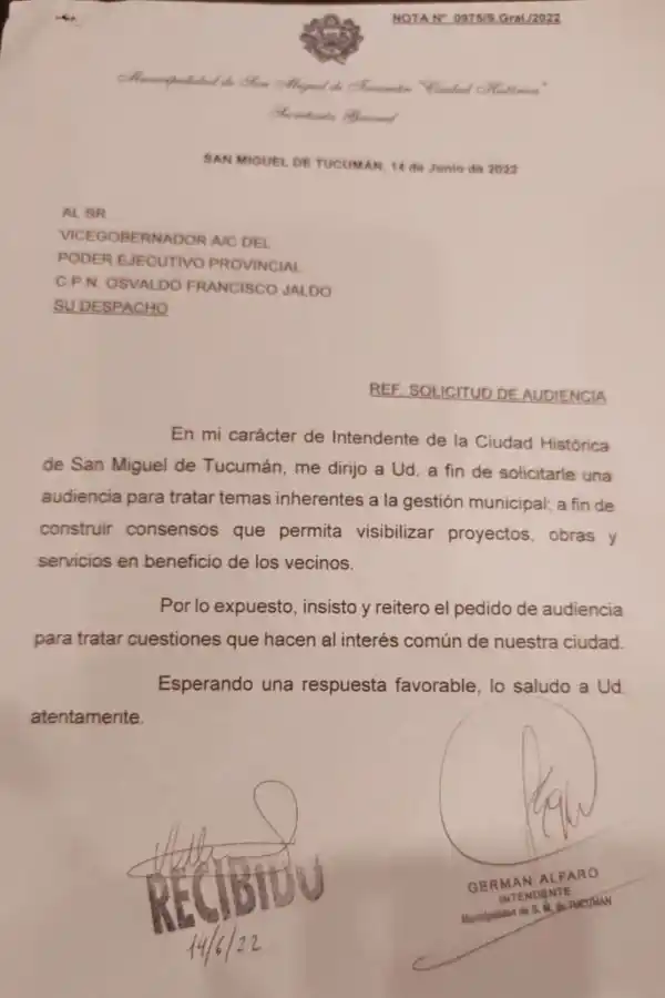 POR ESCRITO. La nota firmada por Alfaro ingresó por Mesa de Entradas de la Casa de Gobierno.