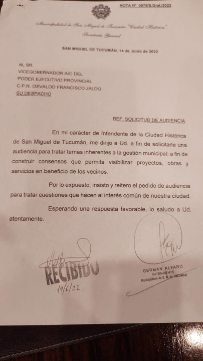 POR ESCRITO. La nota firmada por Alfaro ingresó por Mesa de Entradas de la Casa de Gobierno.