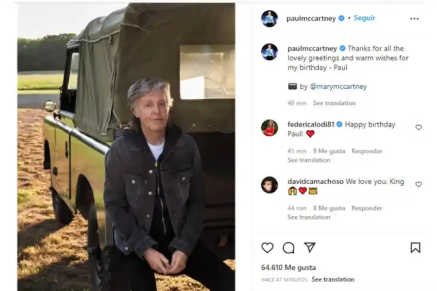 El posteo de McCartney en sus redes.