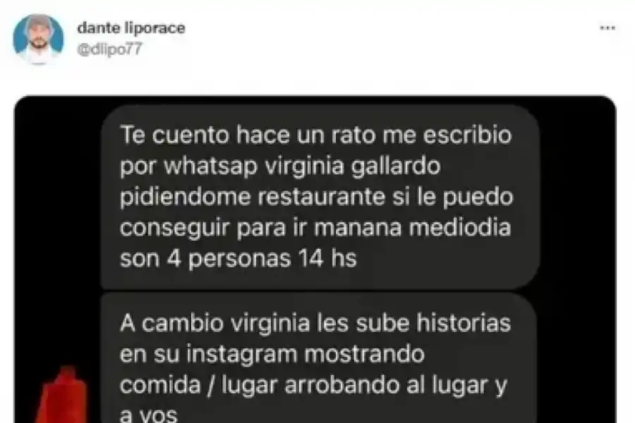Captura de pantalla que publicó Liporace.