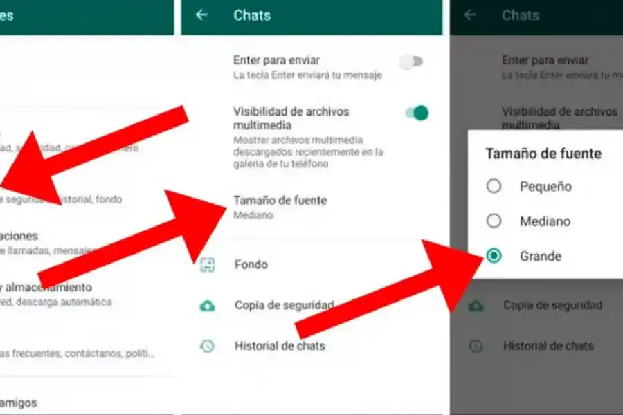 WhatsApp. La opción para modificar el tamaño de letra.
