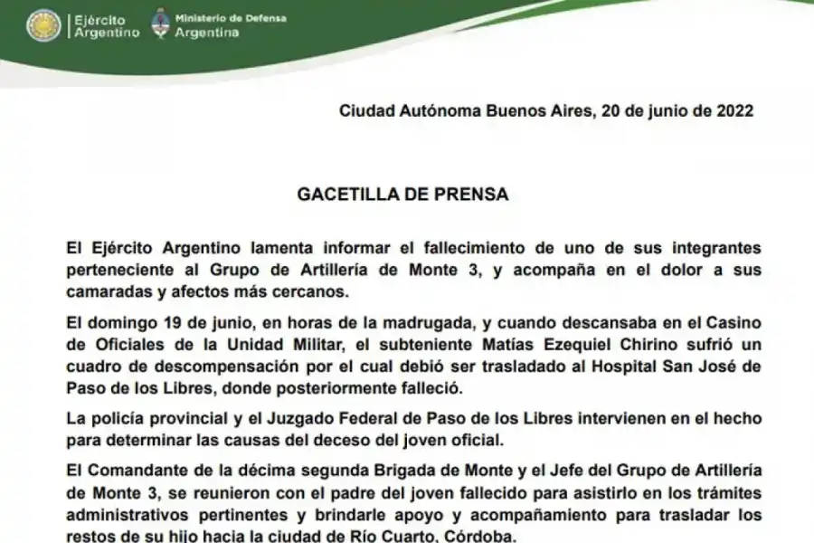 Comunicado del Ejército Argentino.