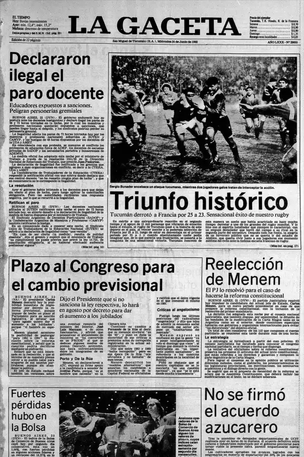 LA TAPA. Así consignó LA GACETA la victoria en su edición del 24 de junio de 1992.