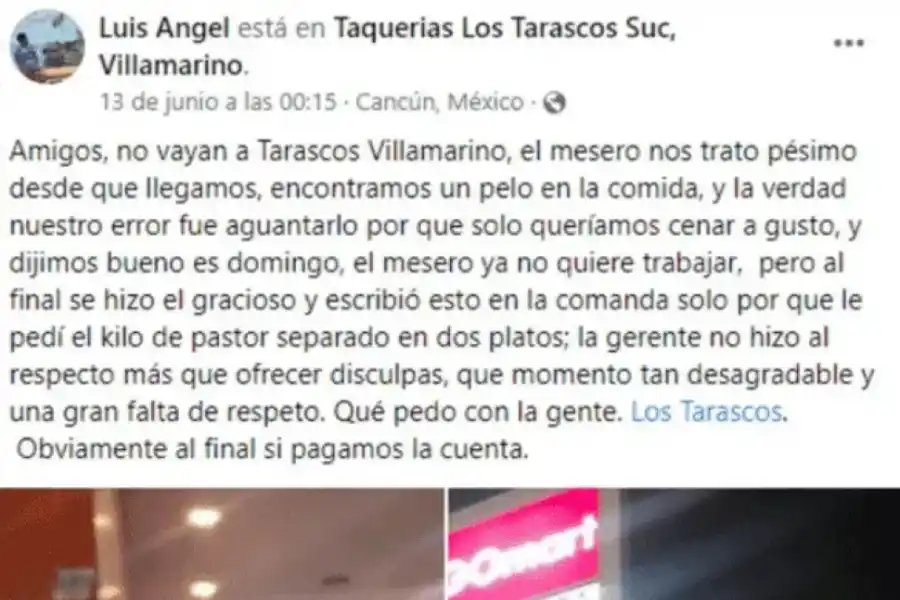 El descargo del cliente en su Facebook.