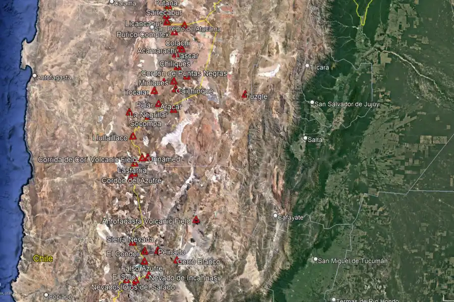 Mapa de volcanes activos en la Puna