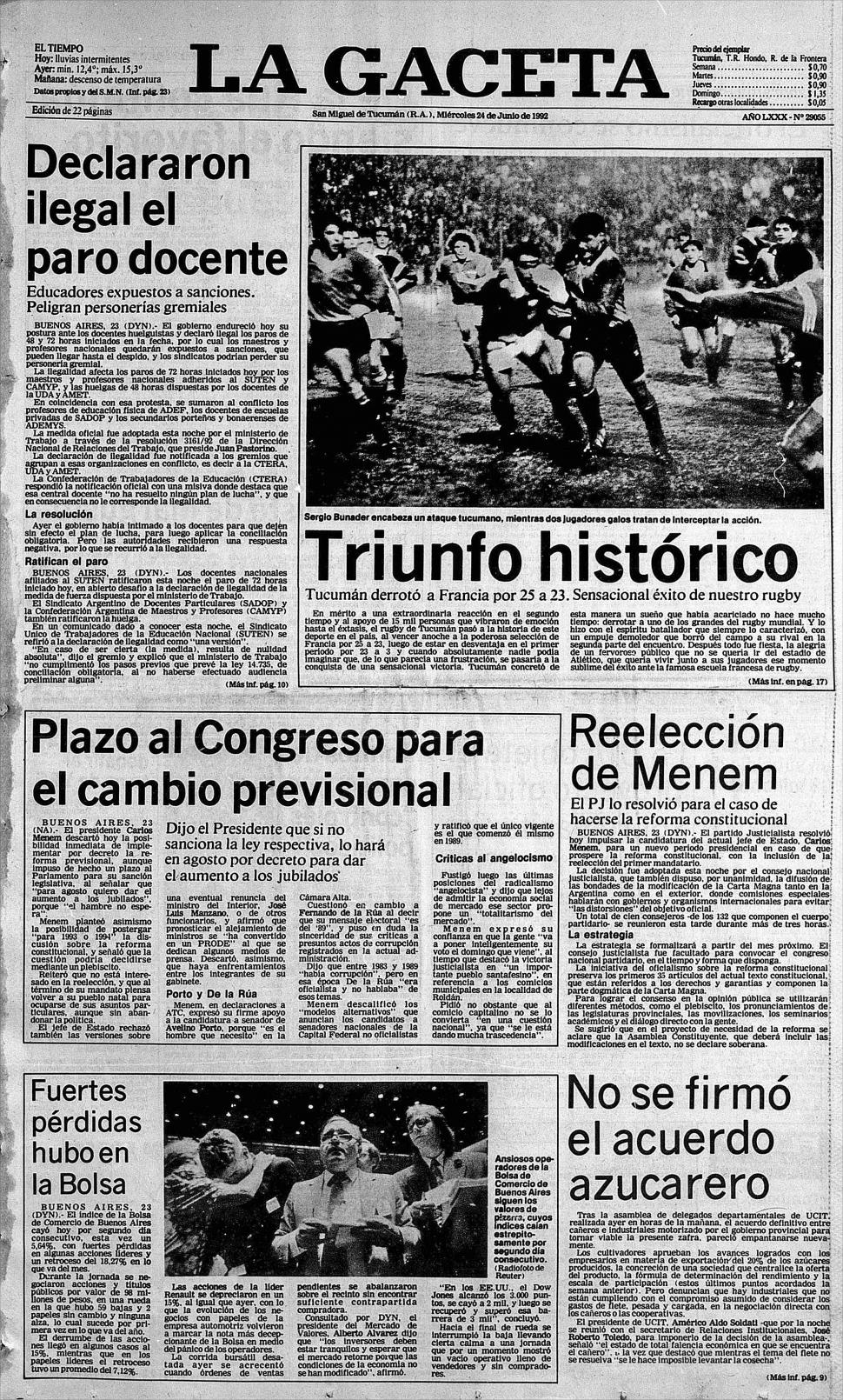 LA TAPA. Así consignó LA GACETA la victoria en su edición del 24 de junio de 1992.