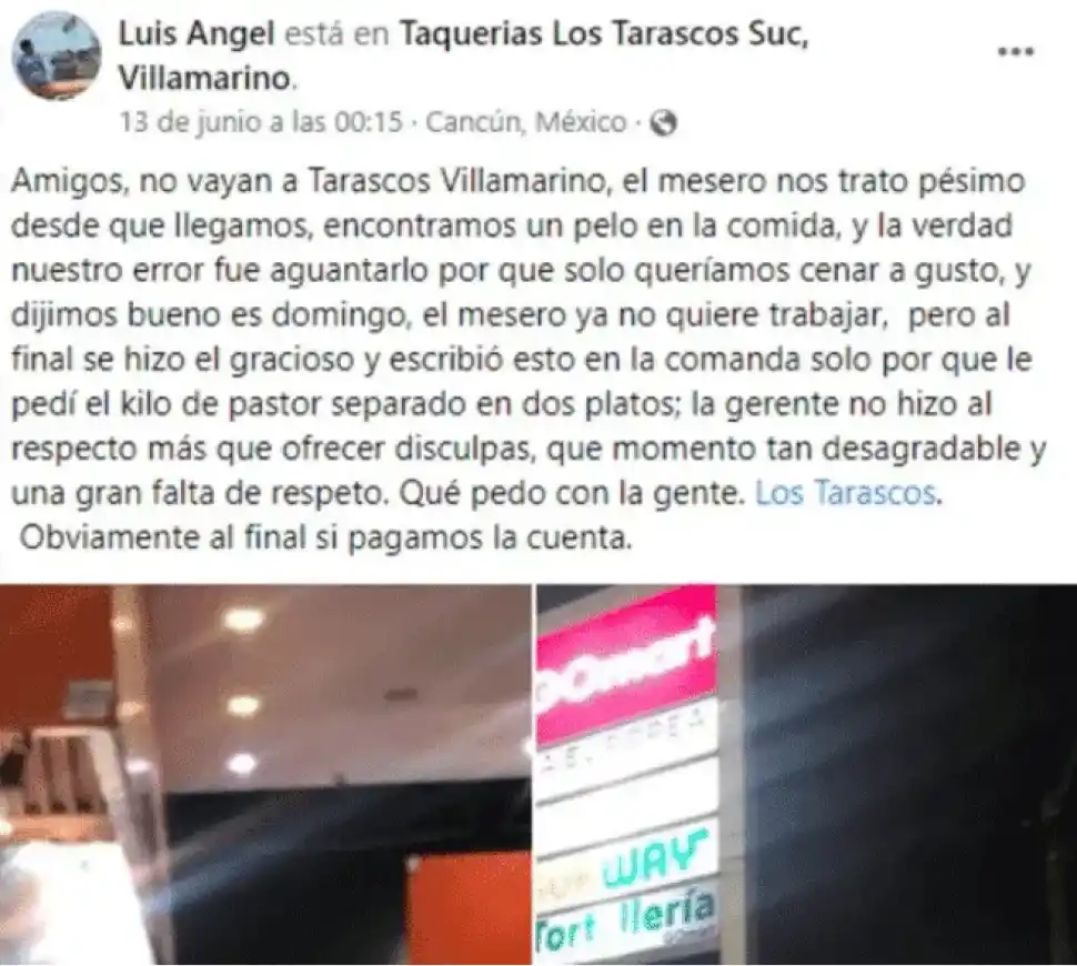 El descargo del cliente en su Facebook.