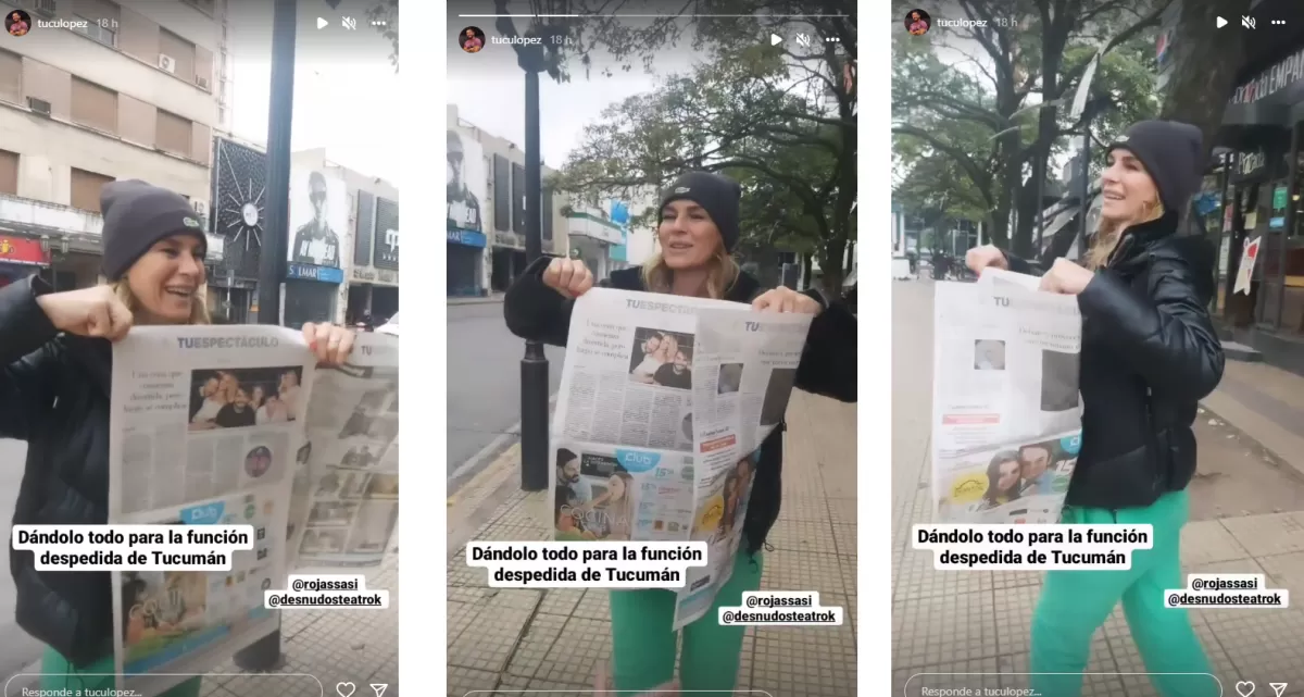 Sabrina Rojas en la esquina de 24 de septiembre y 25 de mayo junto con un ejemplar de LA GACETA.