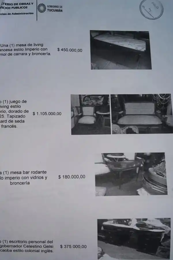 Piden informes por el millonario cotejo de precios de muebles antiguos para el Ministerio de Obras Públicas