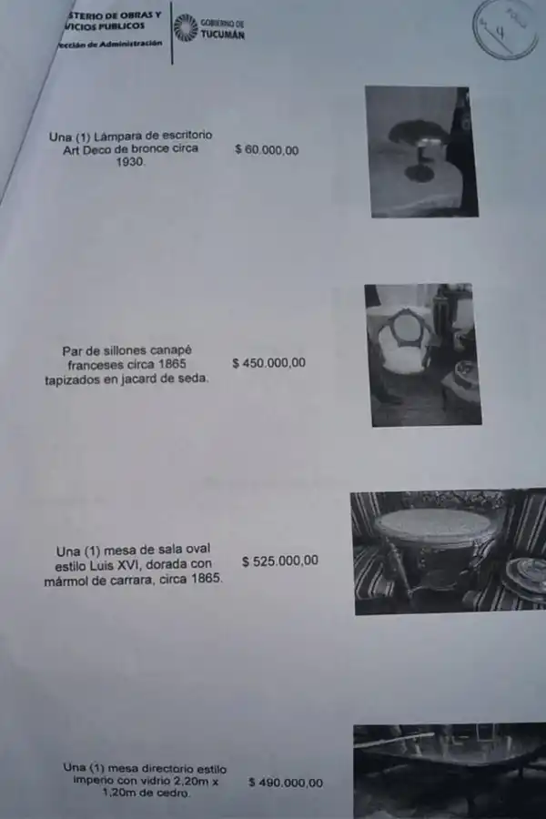 Piden informes por el millonario cotejo de precios de muebles antiguos para el Ministerio de Obras Públicas