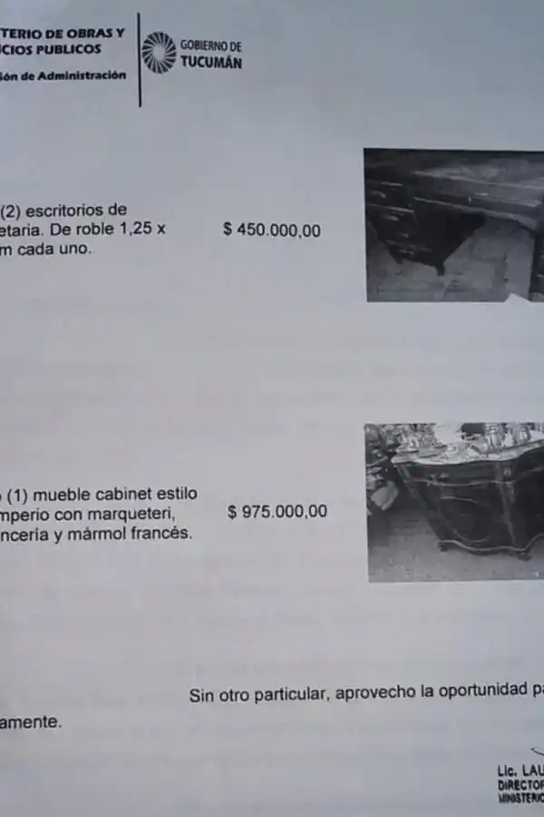 Piden informes por el millonario cotejo de precios de muebles antiguos para el Ministerio de Obras Públicas