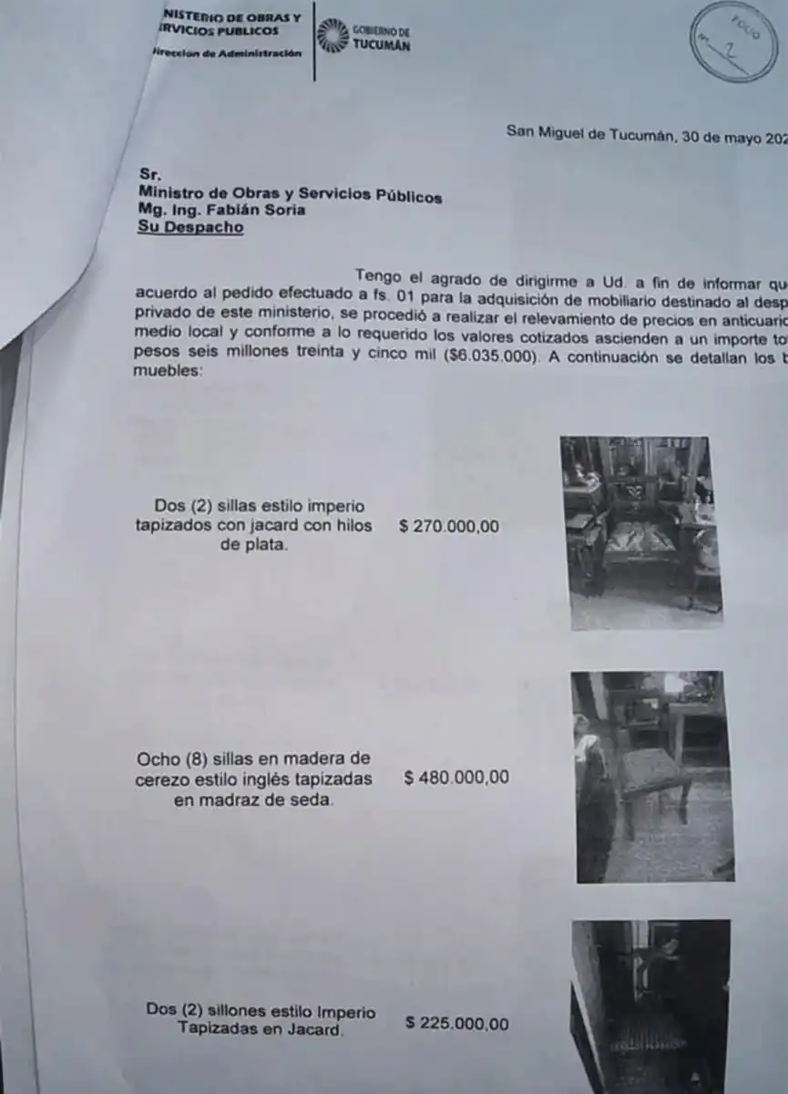 Piden informes por el millonario cotejo de precios de muebles antiguos para el Ministerio de Obras Públicas