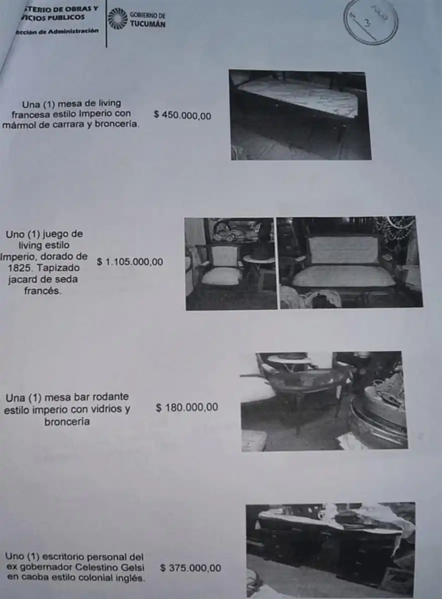 Piden informes por el millonario cotejo de precios de muebles antiguos para el Ministerio de Obras Públicas