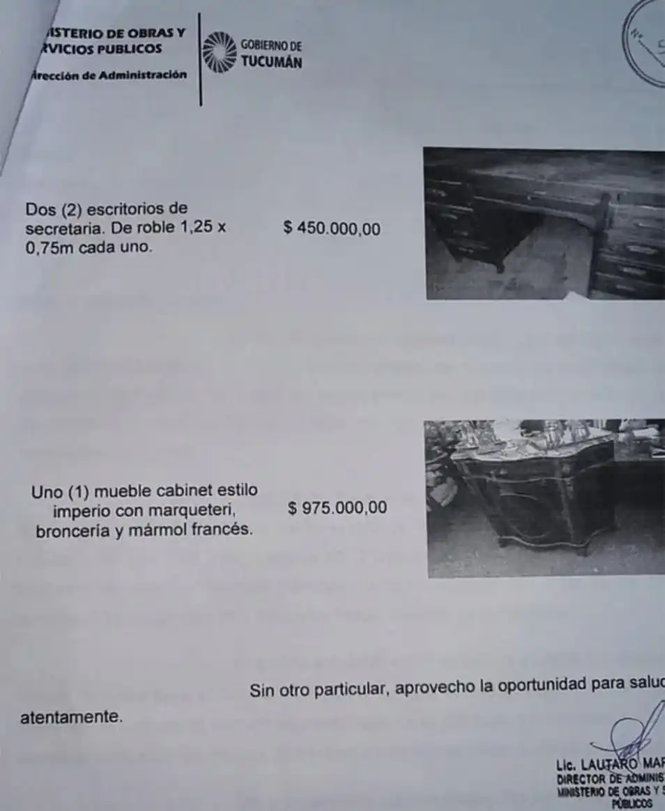 Bussi, sobre el millonario cotejo de precios para muebles antiguos en Obras Públicas: Es bochornoso
