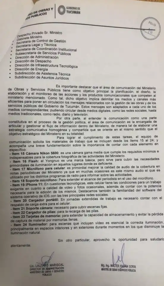 Un IPhone, 70 computadoras y dos TV: recursos para el Ministerio de Obras Públicas