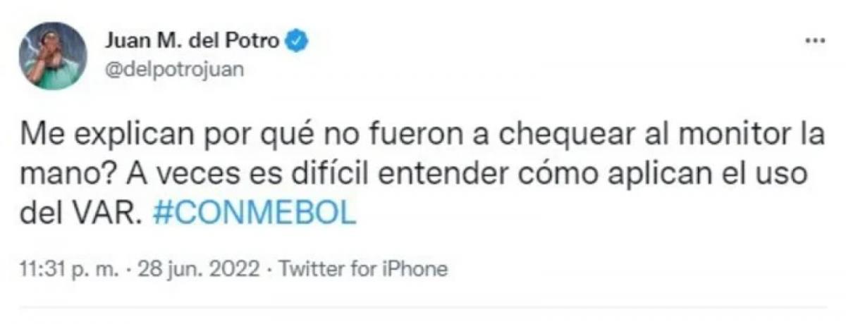 Del Potro apuntó contra el VAR y la Conmebol por el penal que no le cobraron a Boca frente al Corinthians