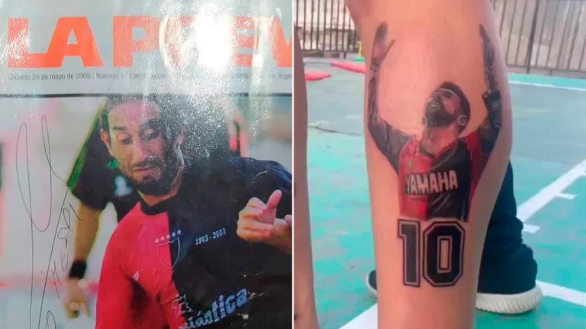 La revista que Messi le firmó a Alejandro en 2005 y el tatuaje que tiene en una de sus pantorrillas.
