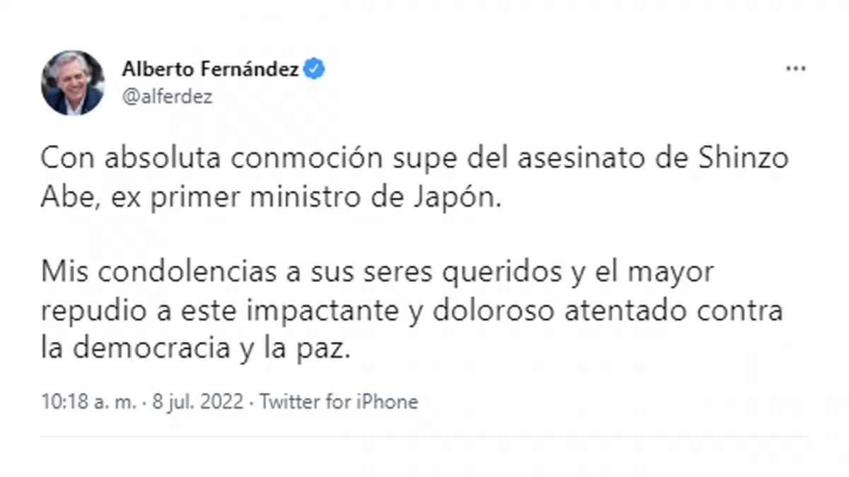 Alberto Fernández repudió el “impactante y doloroso atentado” contra Shinzo Abe