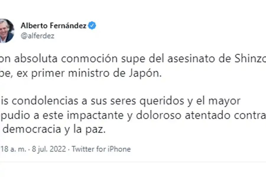 Alberto Fernández repudió el “impactante y doloroso atentado” contra Shinzo Abe